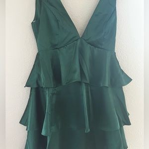 NEW! Lulus Tiers of Joy Emerald Green Satin Tie-Back Tiered Mini Dress.